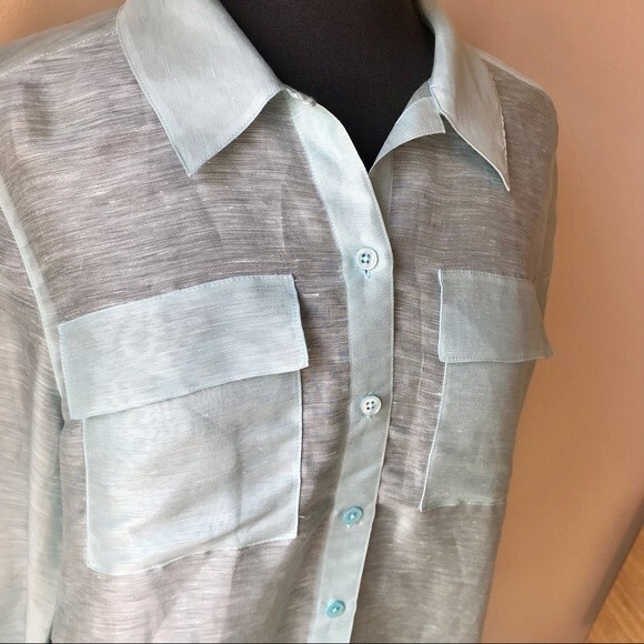 Linen Silk Tunic Top Light Blue Blouse Long Sleeve Button Up Shirt Vacation - Picture 2 of 10